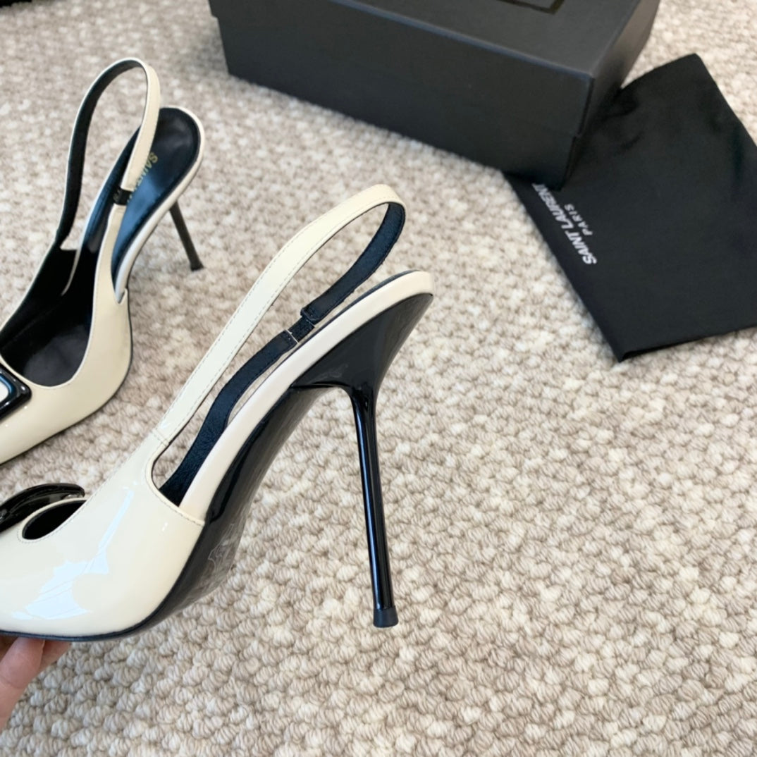 SL TRIANGLE HEELED SLINGBACKS WHITE CALFSKIN - 35 / 5 CM