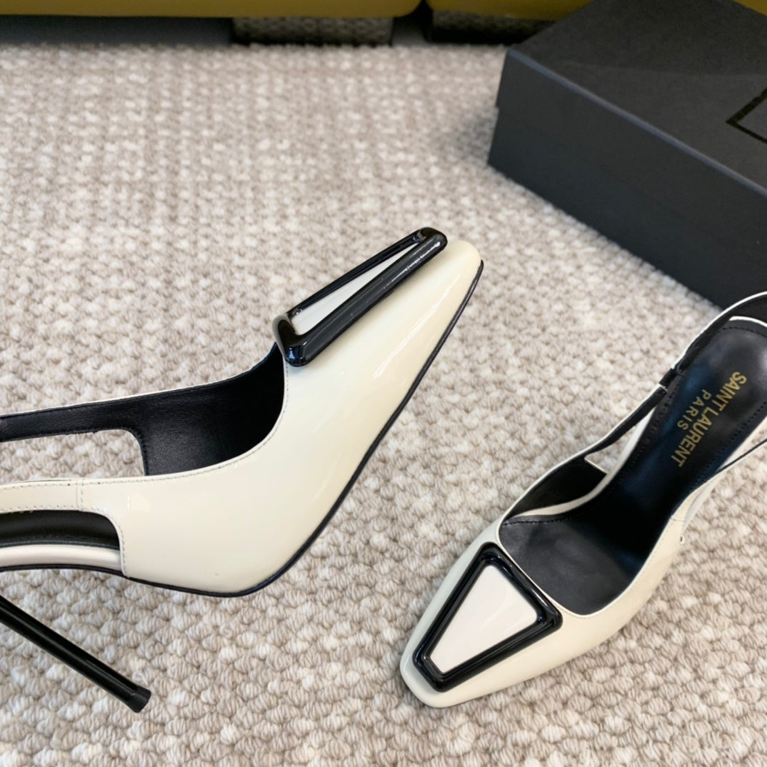 SL TRIANGLE HEELED SLINGBACKS WHITE CALFSKIN - 35 / 5 CM