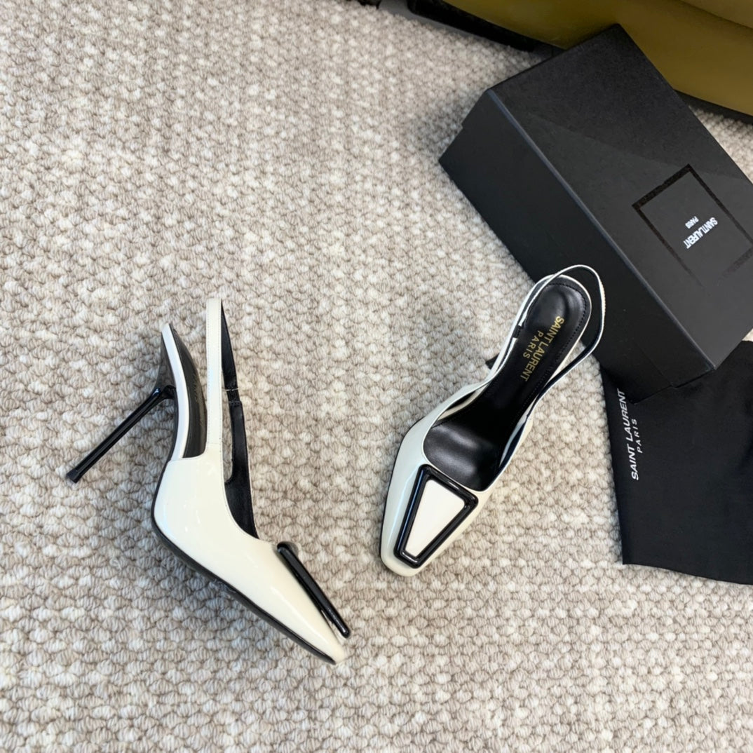 SL TRIANGLE HEELED SLINGBACKS WHITE CALFSKIN - 35 / 5 CM