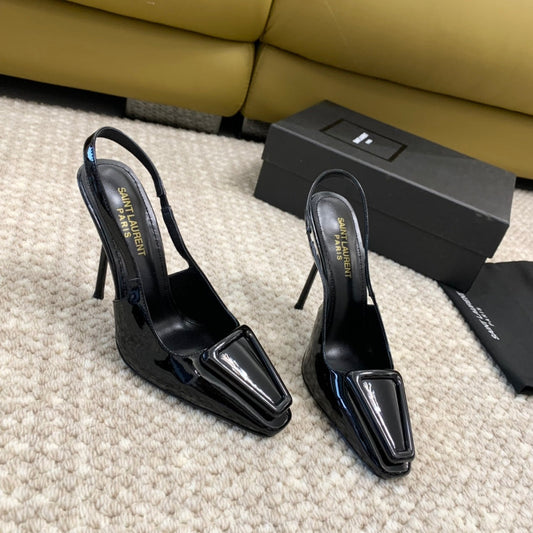 SL TRIANGLE HEELED SLINGBACKS BLACK CALFSKIN - 35 / 5 CM