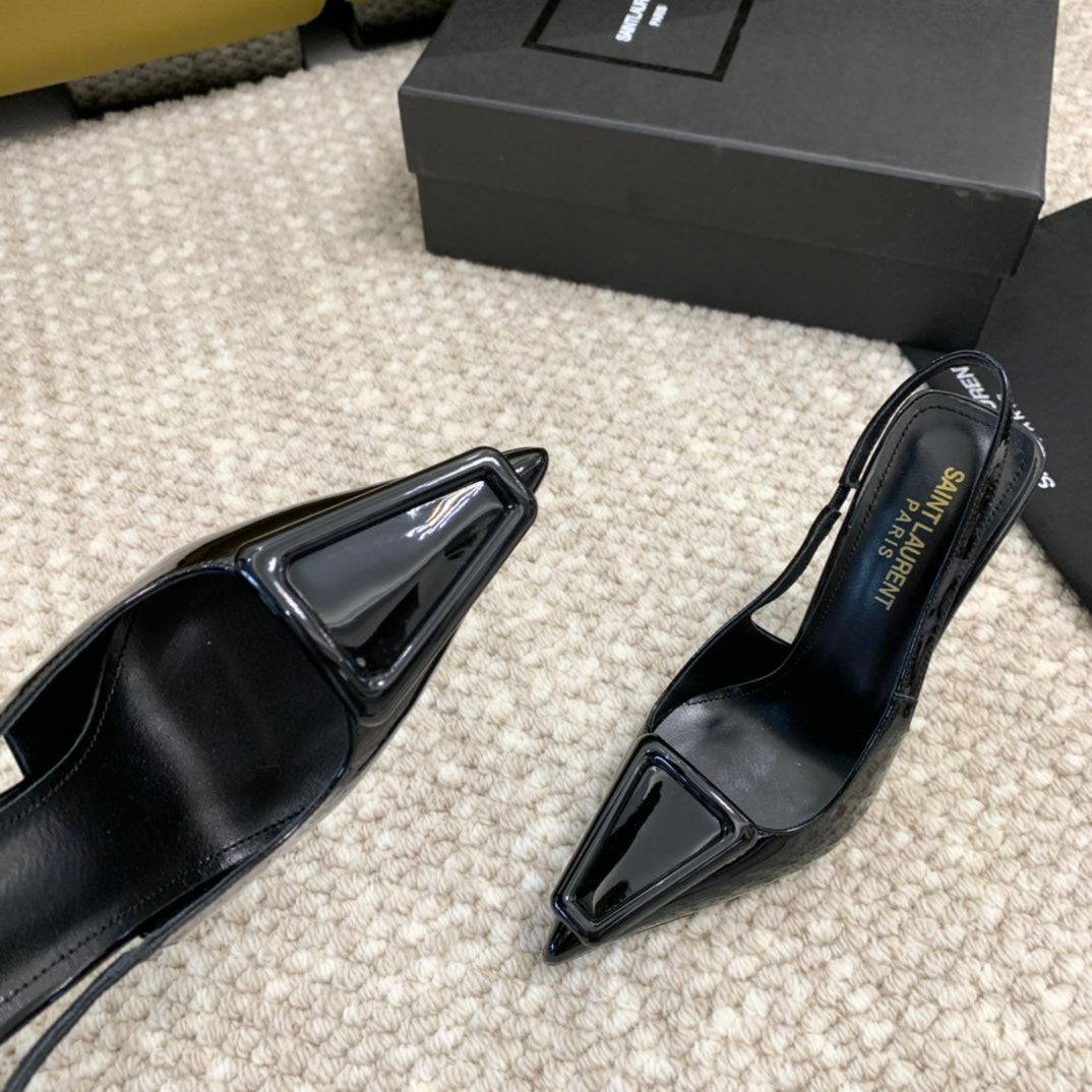 SL TRIANGLE HEELED SLINGBACKS BLACK CALFSKIN - 35 / 5 CM