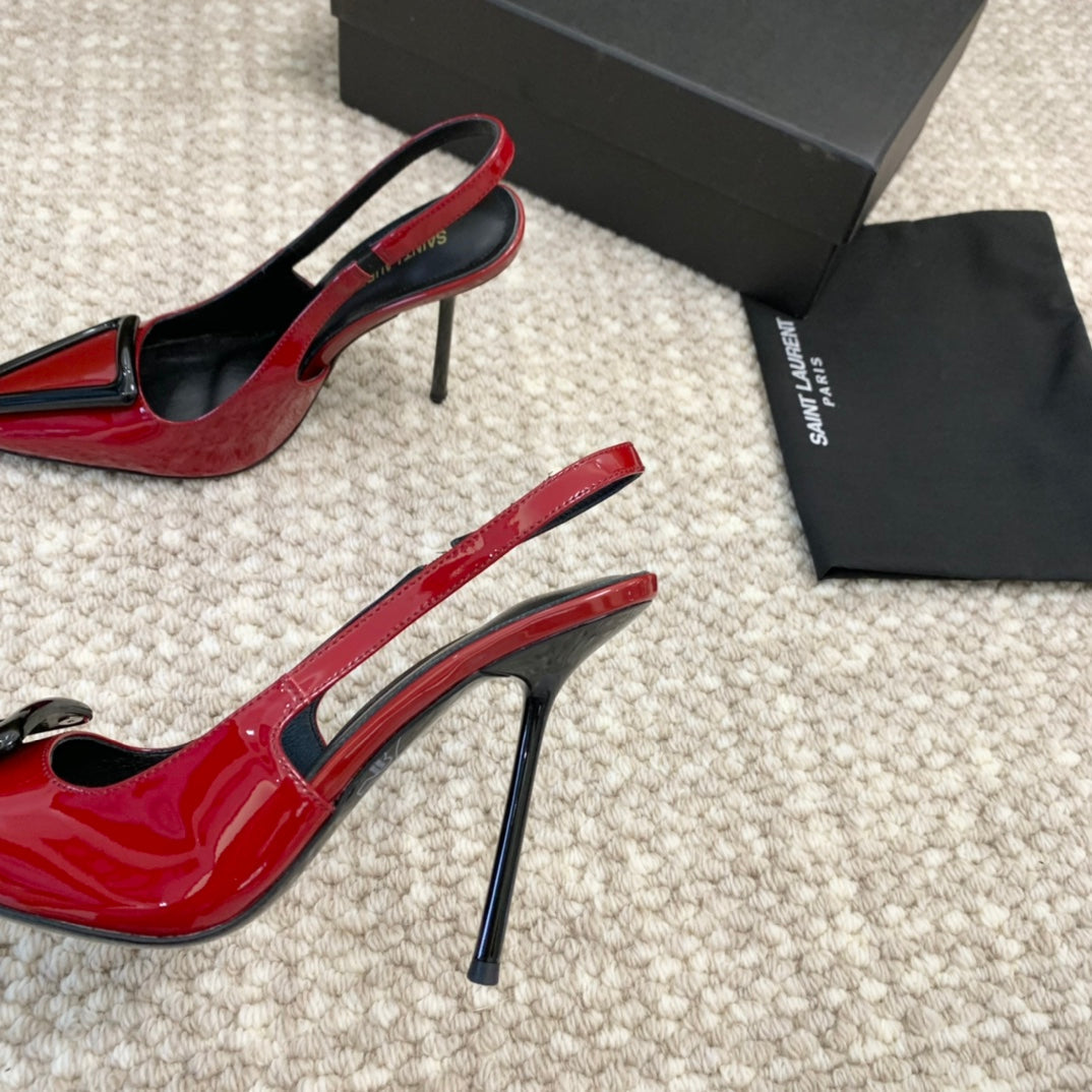 SL TRIANGLE HEELED SLINGBACKS RED CALFSKIN - 35 / 5 CM