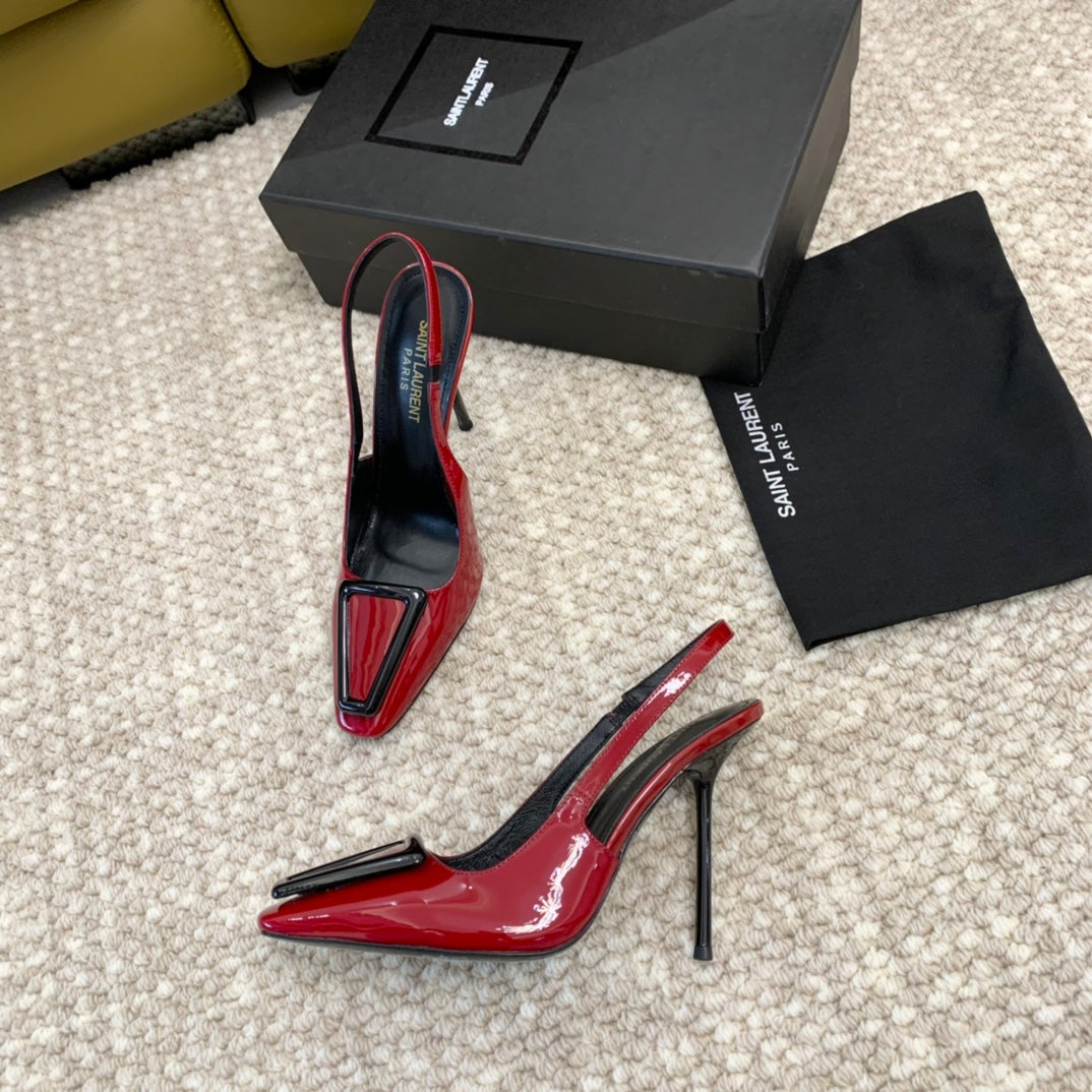 SL TRIANGLE HEELED SLINGBACKS RED CALFSKIN - 35 / 5 CM