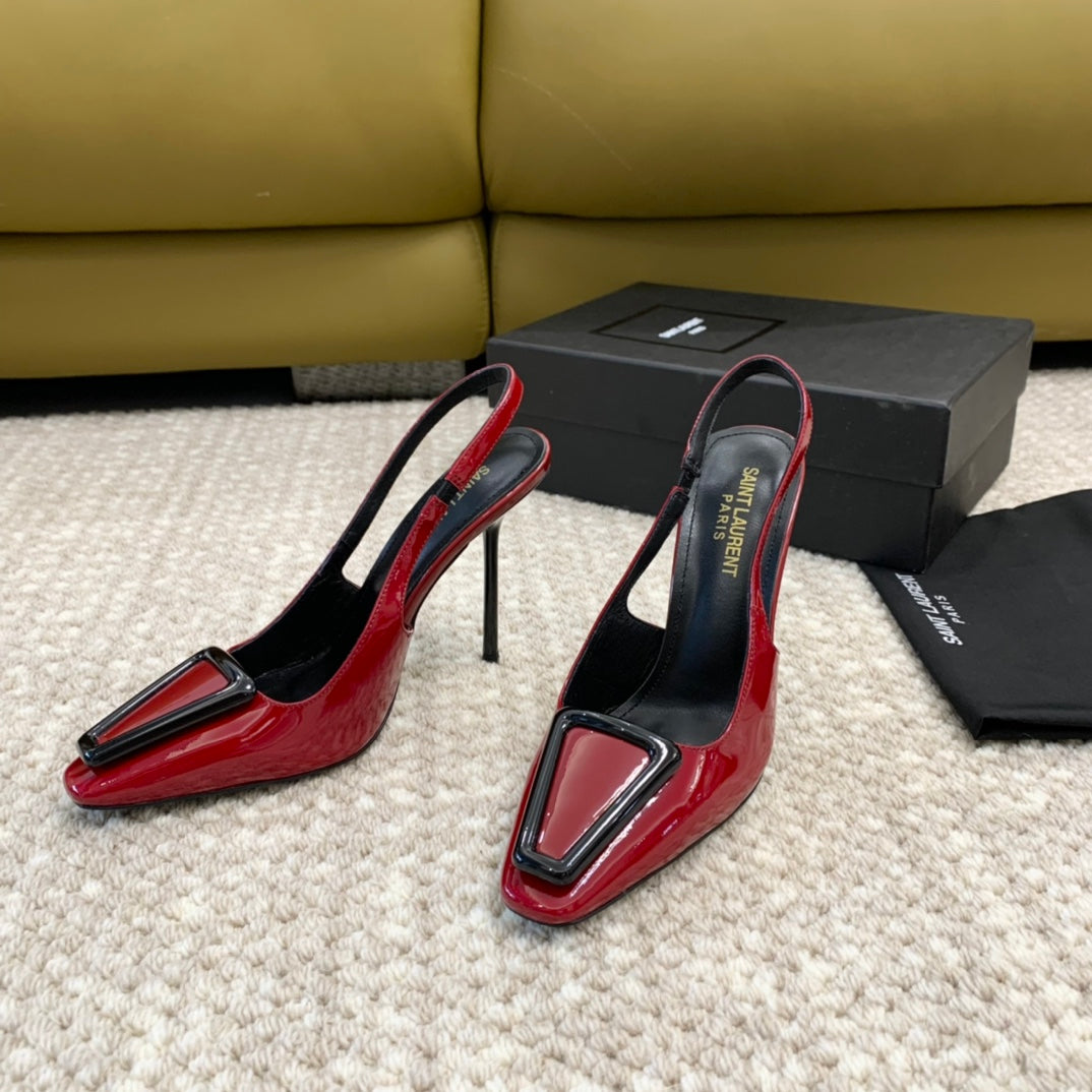 SL TRIANGLE HEELED SLINGBACKS RED CALFSKIN - 35 / 5 CM