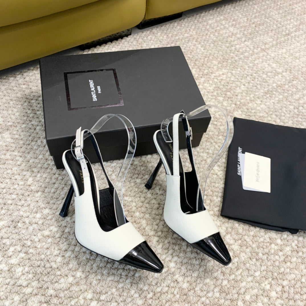 SL CAP-TOE SLINGBACKS WHITE CANVAS AND BLACK CALFSKIN - 35