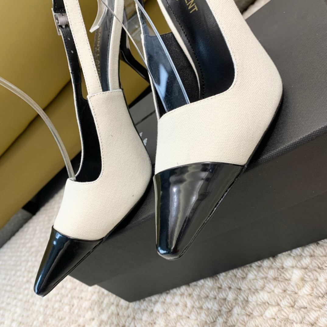 SL CAP-TOE SLINGBACKS WHITE CANVAS AND BLACK CALFSKIN - 35