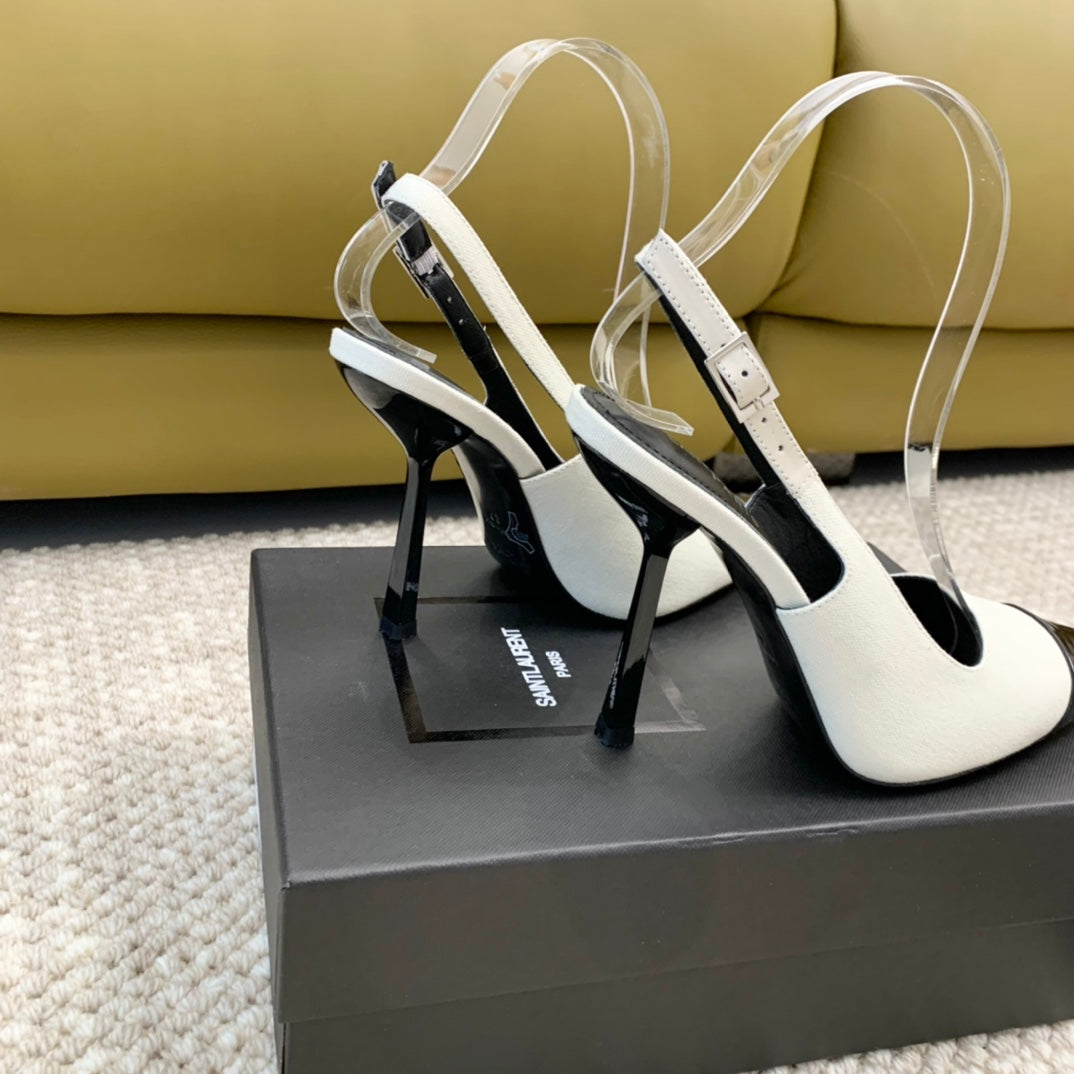 SL CAP-TOE SLINGBACKS WHITE CANVAS AND BLACK CALFSKIN - 35
