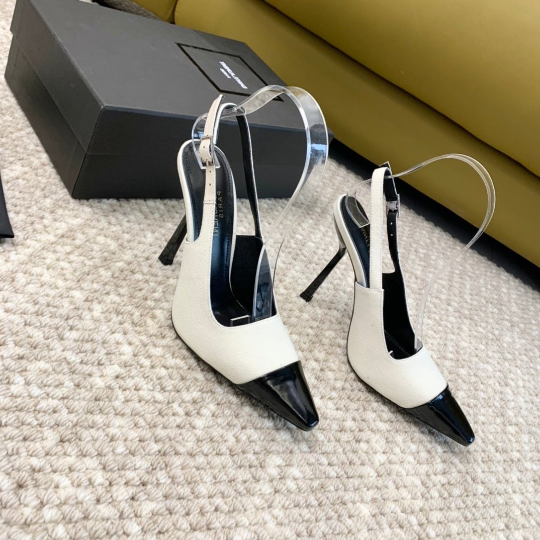 SL CAP-TOE SLINGBACKS WHITE CANVAS AND BLACK CALFSKIN - 35