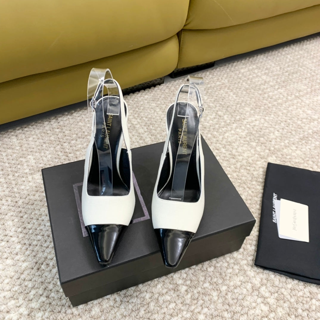 SL CAP-TOE SLINGBACKS WHITE CANVAS AND BLACK CALFSKIN - 35
