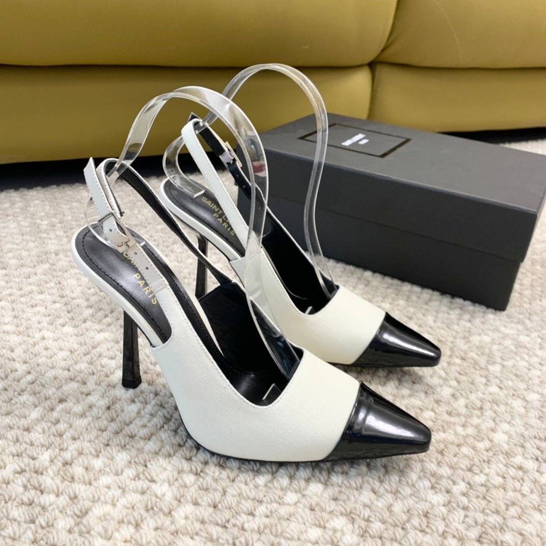 SL CAP-TOE SLINGBACKS WHITE CANVAS AND BLACK CALFSKIN - 35