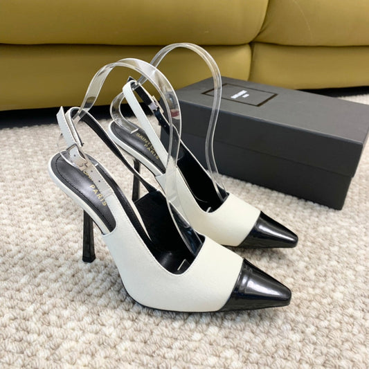 SL CAP-TOE SLINGBACKS WHITE CANVAS AND BLACK CALFSKIN - 35