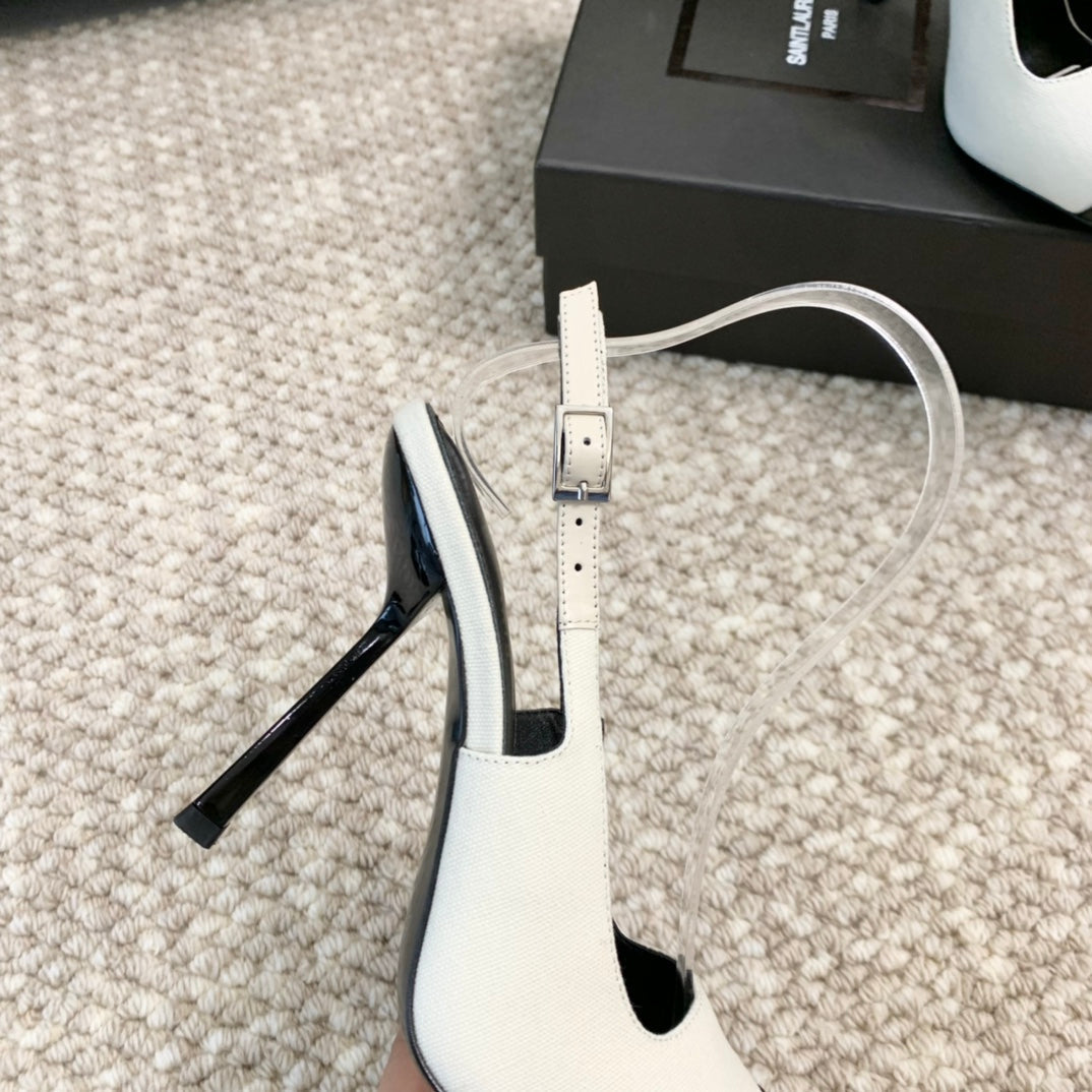 SL CAP-TOE SLINGBACKS WHITE CANVAS AND BLACK CALFSKIN - 35