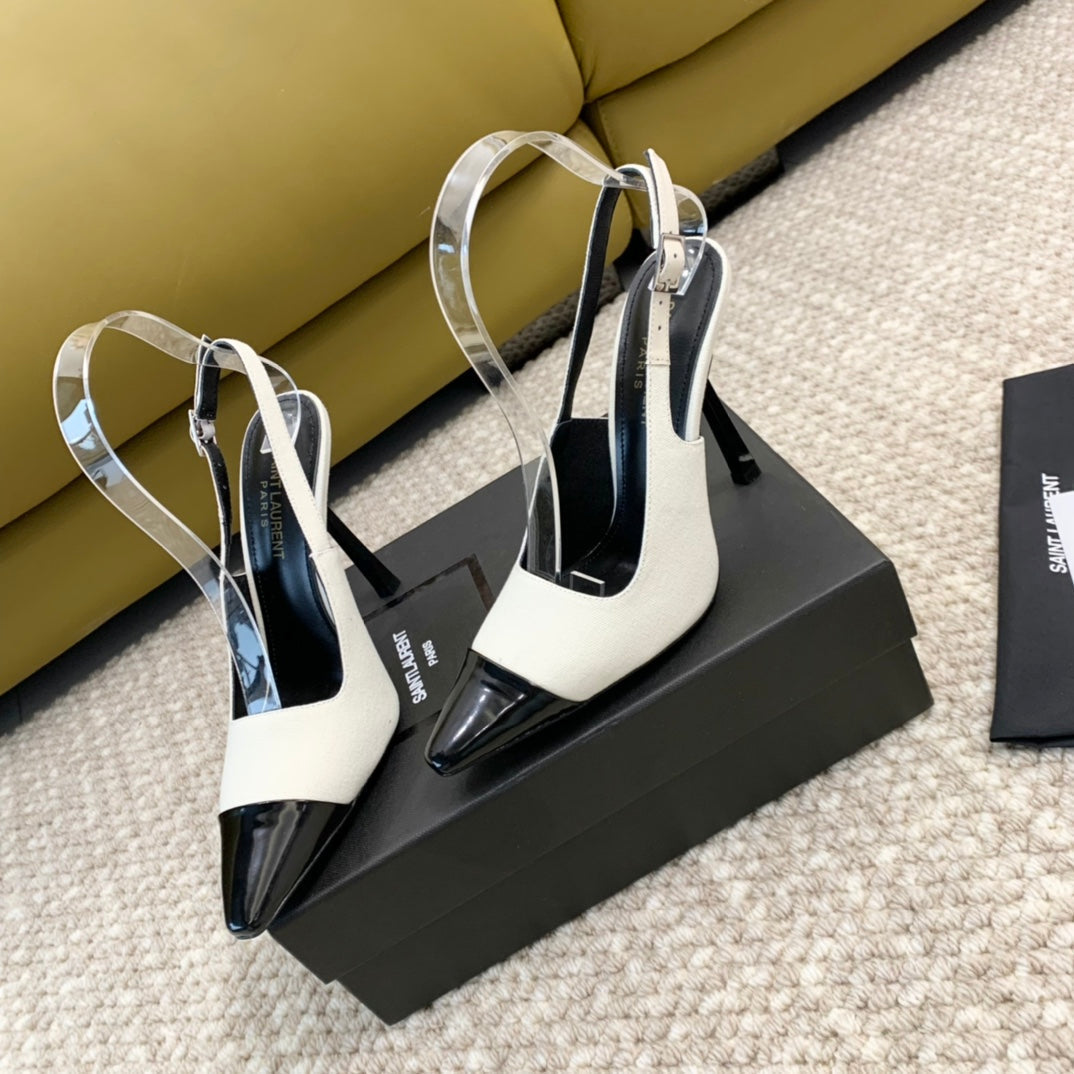 SL CAP-TOE SLINGBACKS WHITE CANVAS AND BLACK CALFSKIN - 35