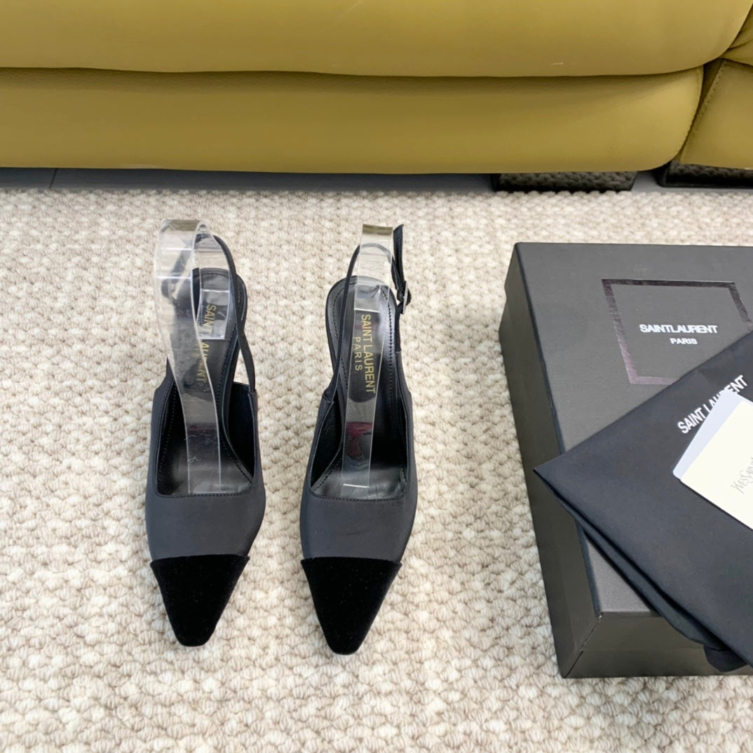 SL CAP-TOE SLINGBACKS BLACK SATIN AND VELVET - 35