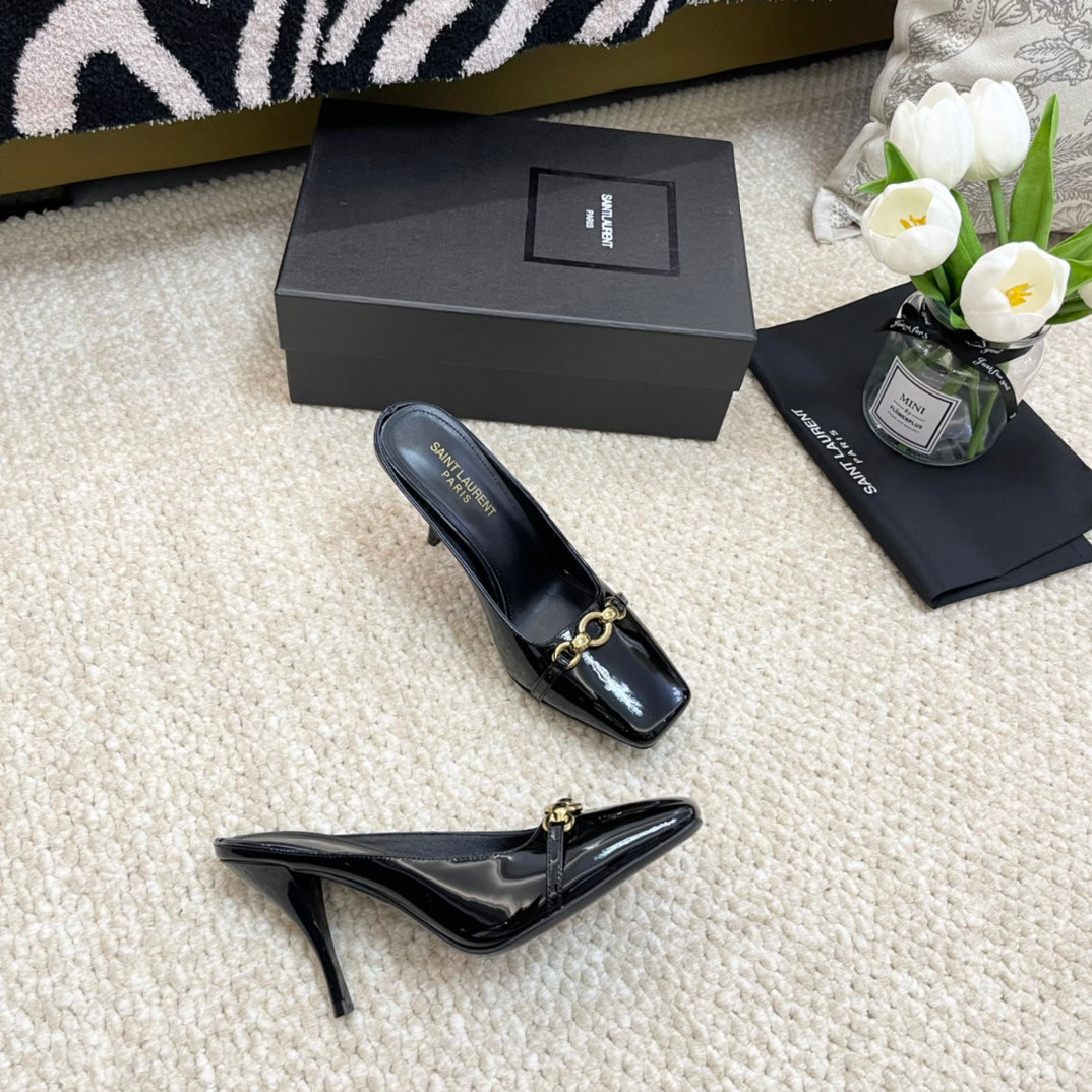 SL SQUARE TOE MULES BLACK CALFSKIN - 35