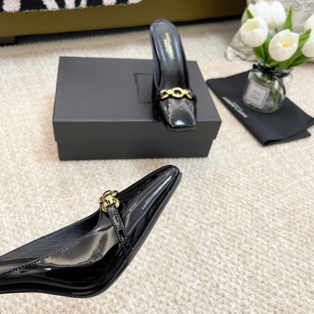 SL SQUARE TOE MULES BLACK CALFSKIN - 35
