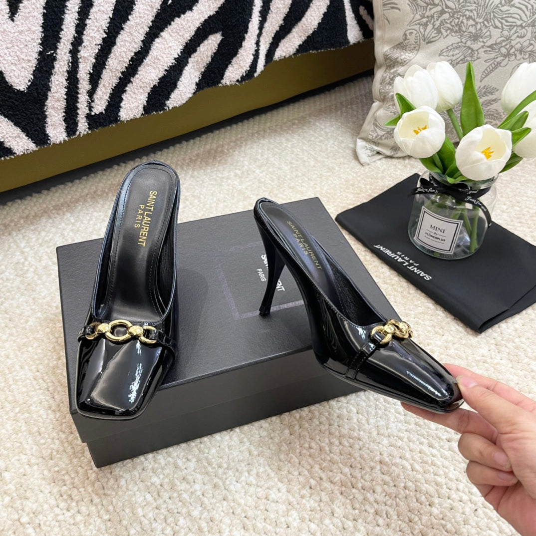 SL SQUARE TOE MULES BLACK CALFSKIN - 35