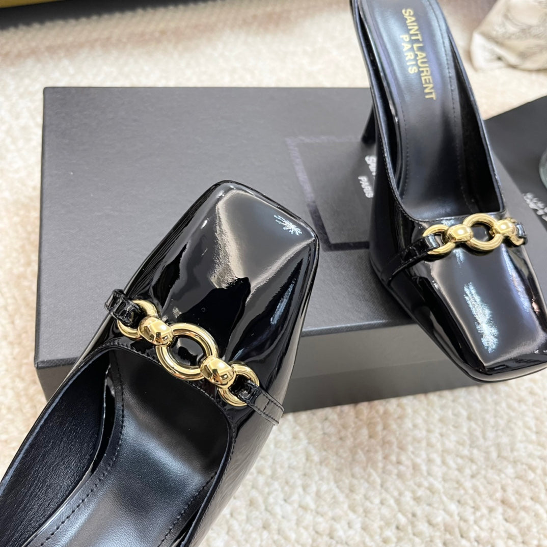 SL SQUARE TOE MULES BLACK CALFSKIN - 35