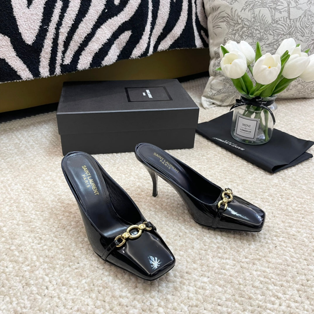 SL SQUARE TOE MULES BLACK CALFSKIN - 35