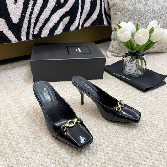 SL SQUARE TOE MULES BLACK CALFSKIN - 35