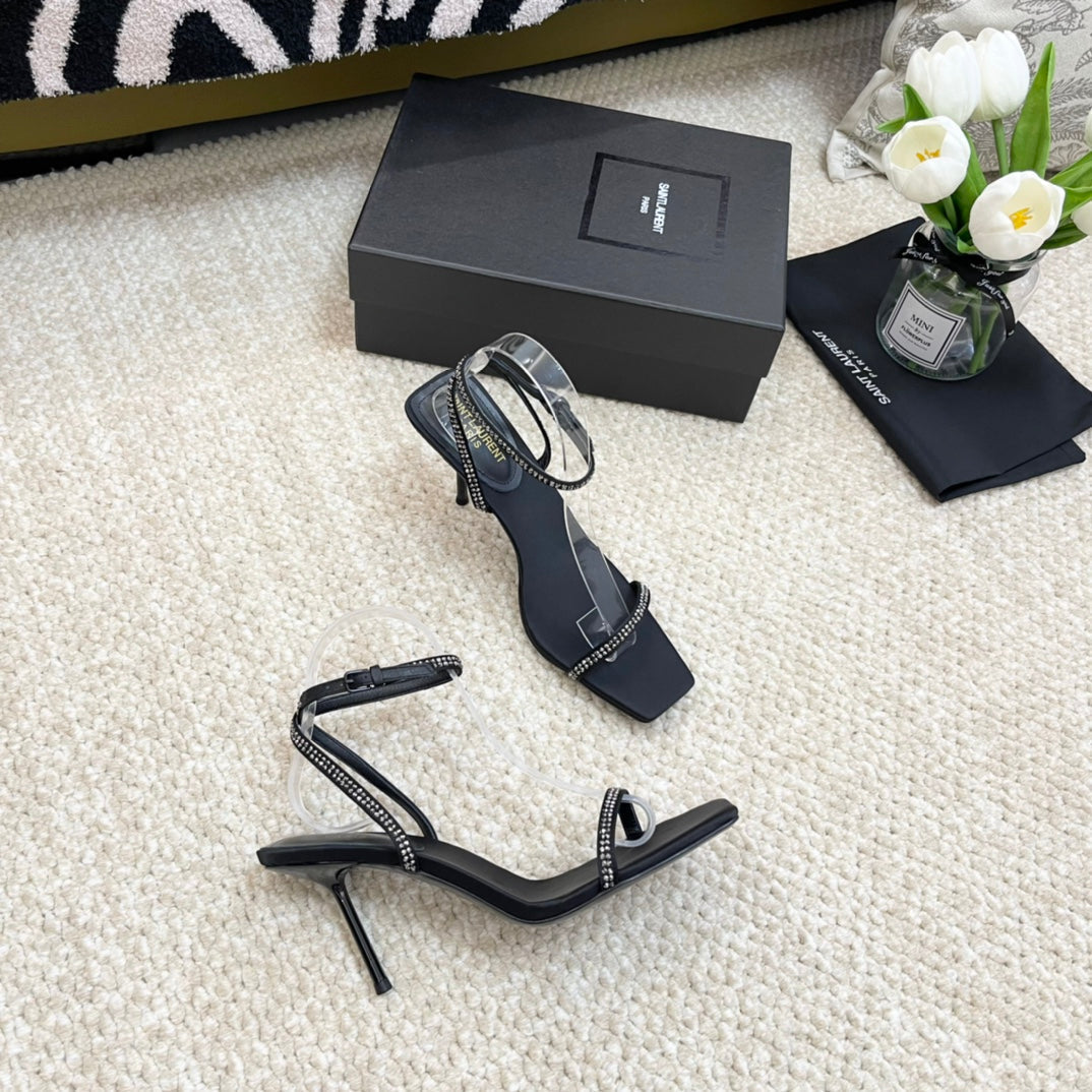 SL GEORGIA WHITE CRYSTAL SANDALS PUMP BLACK SATIN - 35