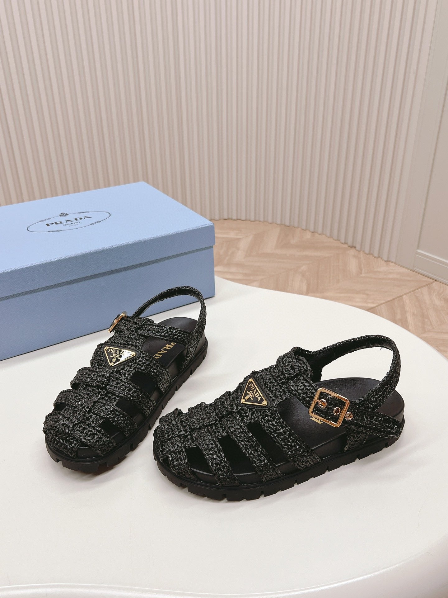 PRA RUBBER FISHERMAN SANDALS BLACK LAMBSKIN - 35
