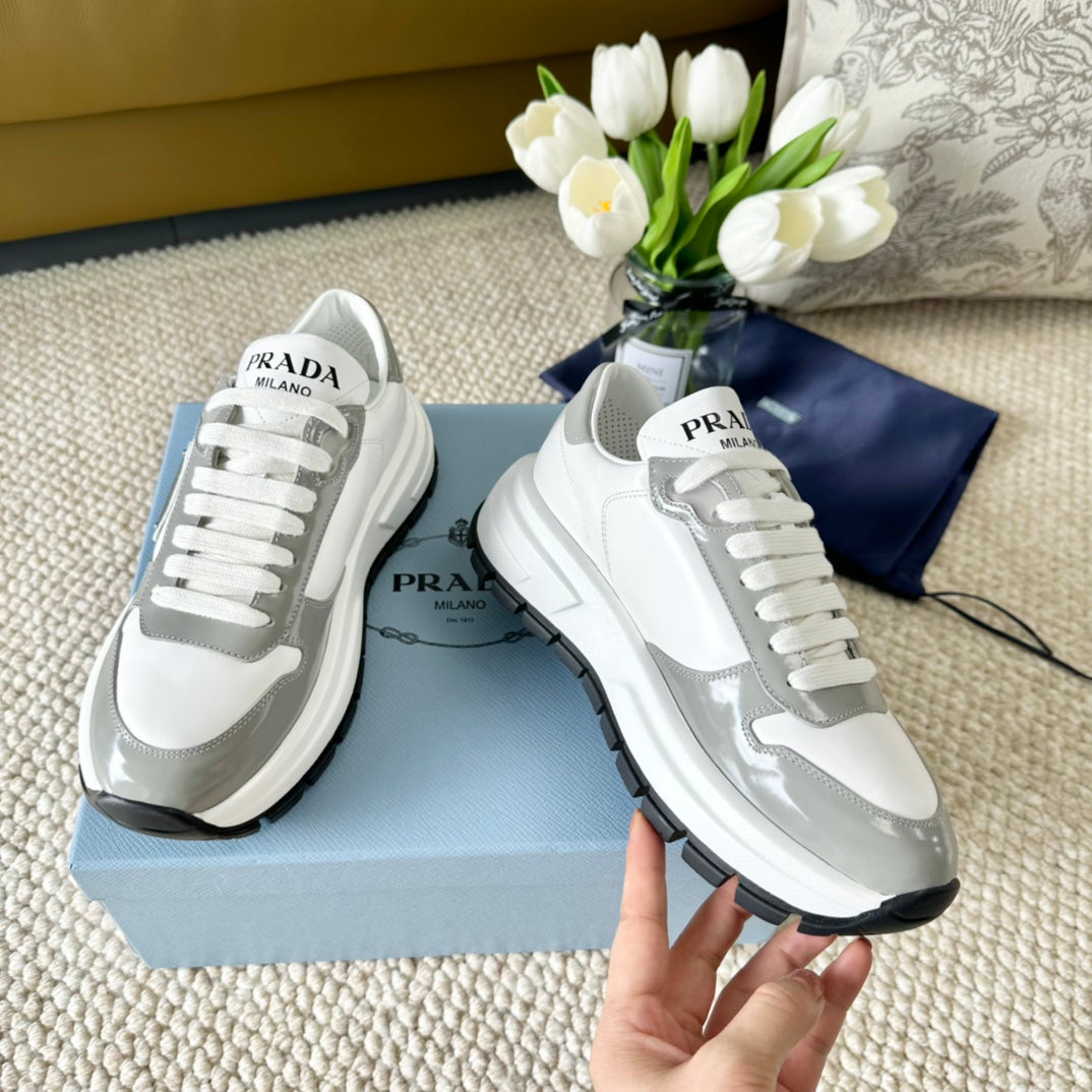 PRA BLACK THICK SOLE SNEAKER GRAY AND WHITE CALFSKIN - 35