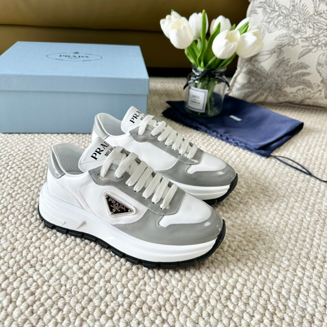 PRA BLACK THICK SOLE SNEAKER GRAY AND WHITE CALFSKIN - 35