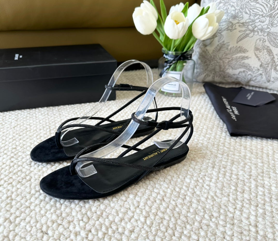 SL CRYSTAL FLAT SANDALS BLACK SUEDE - 35