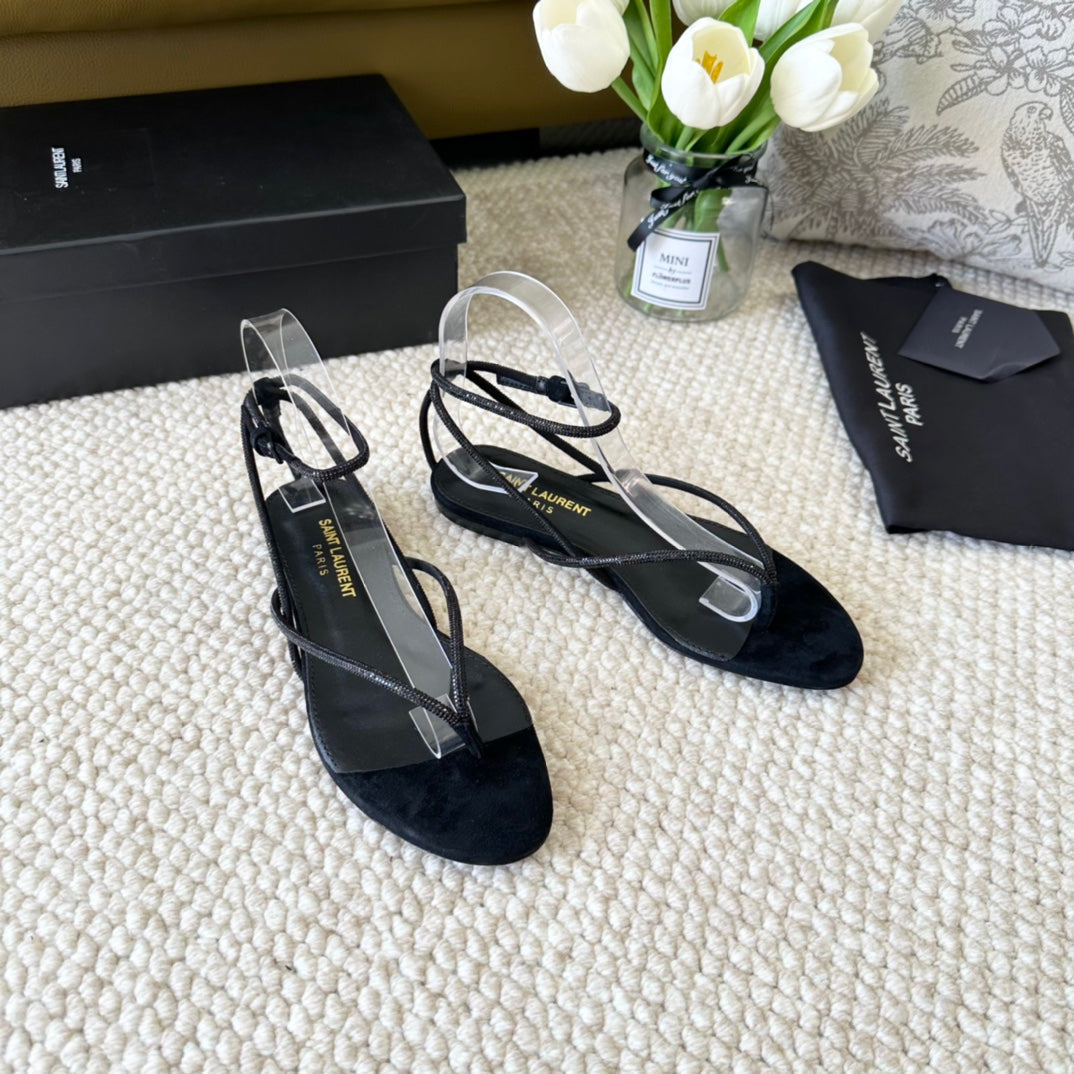 SL CRYSTAL FLAT SANDALS BLACK SUEDE - 35