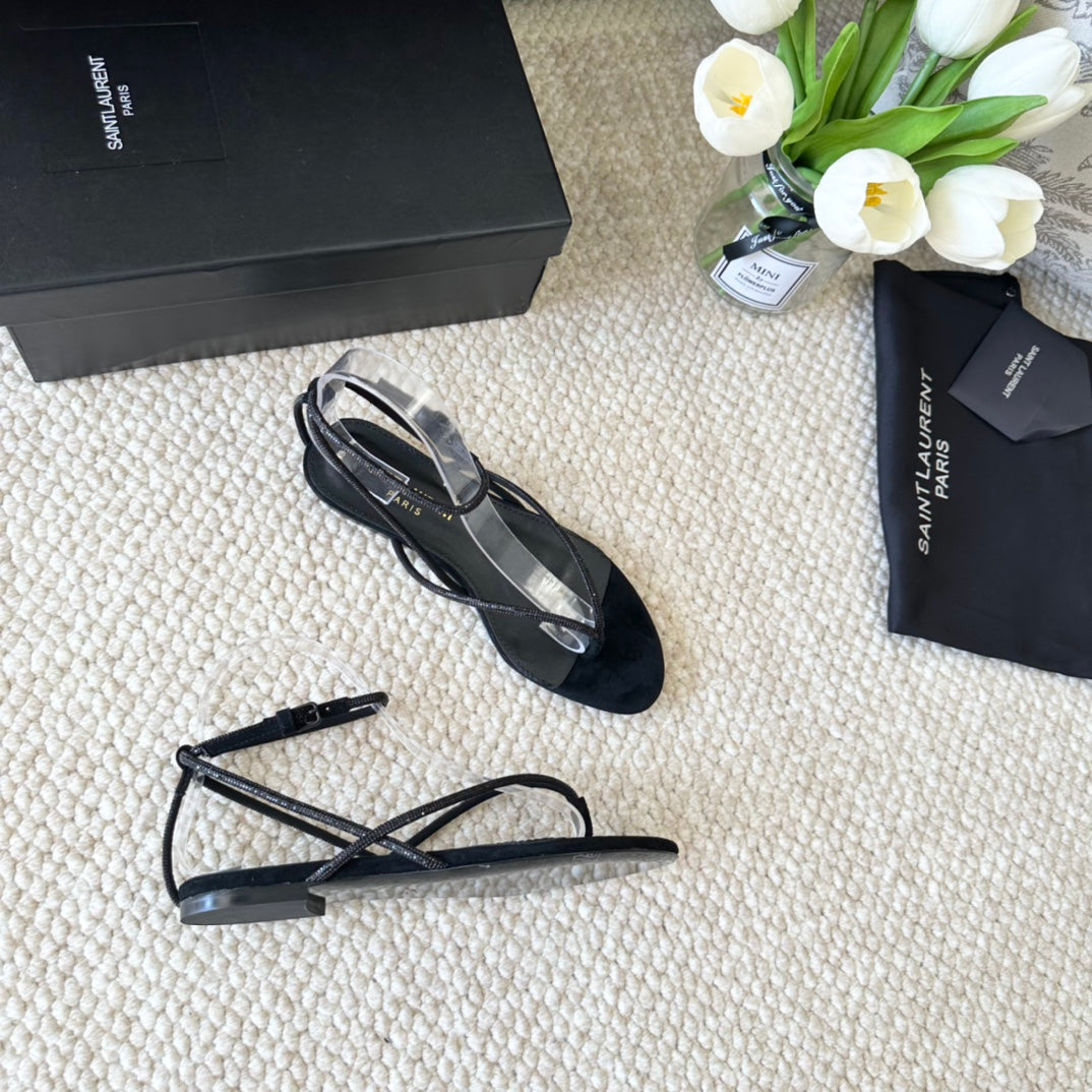 SL CRYSTAL FLAT SANDALS BLACK SUEDE - 35