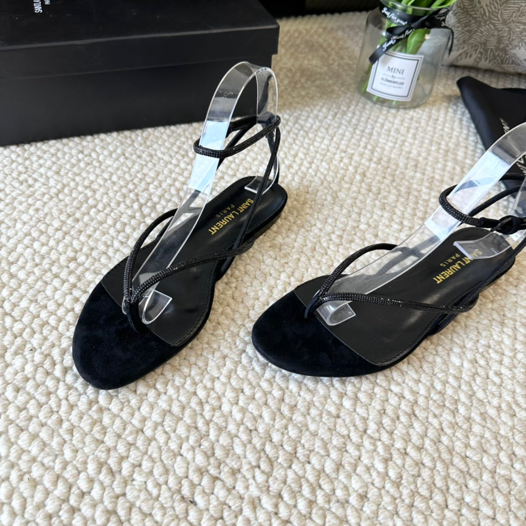 SL CRYSTAL FLAT SANDALS BLACK SUEDE - 35
