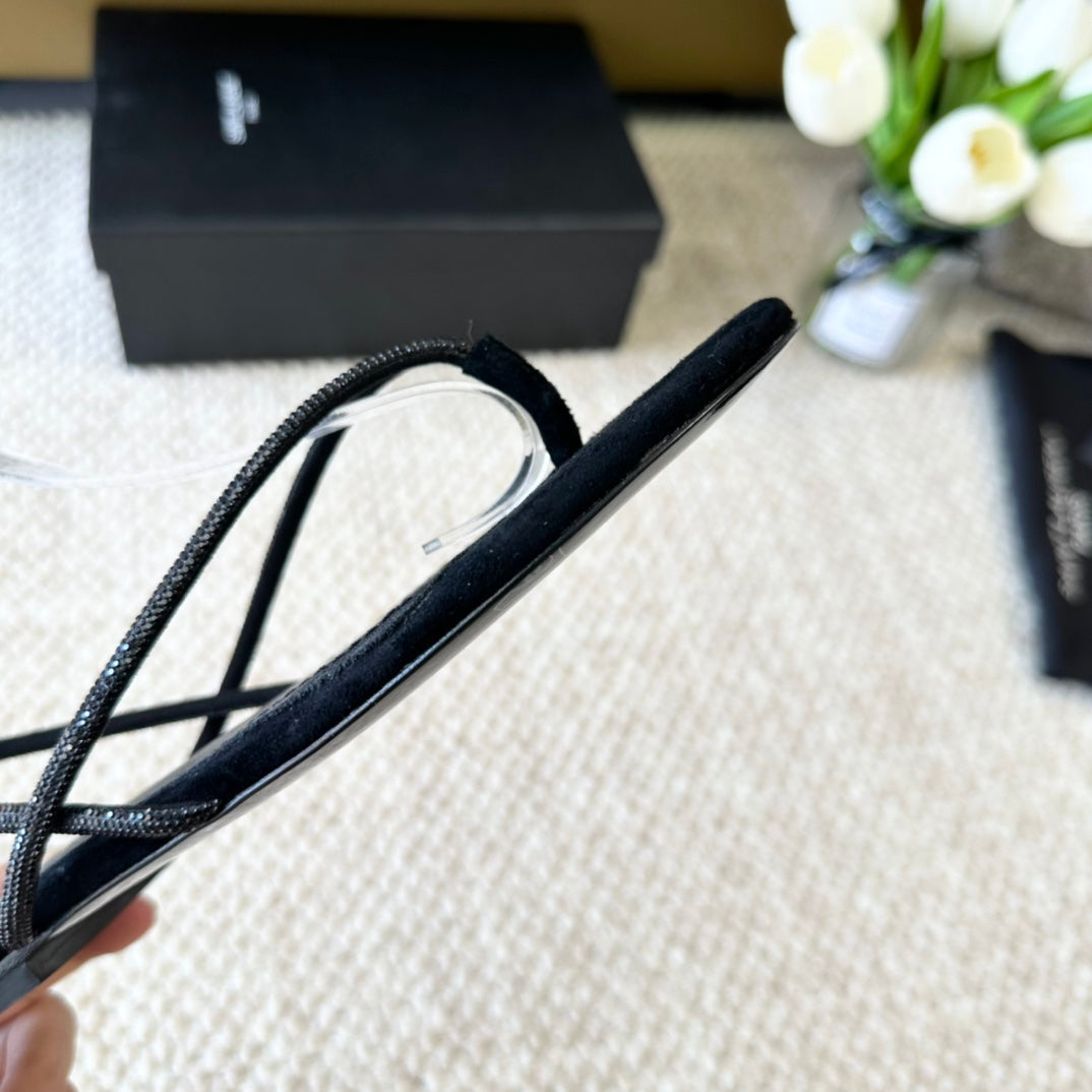 SL CRYSTAL FLAT SANDALS BLACK SUEDE - 35
