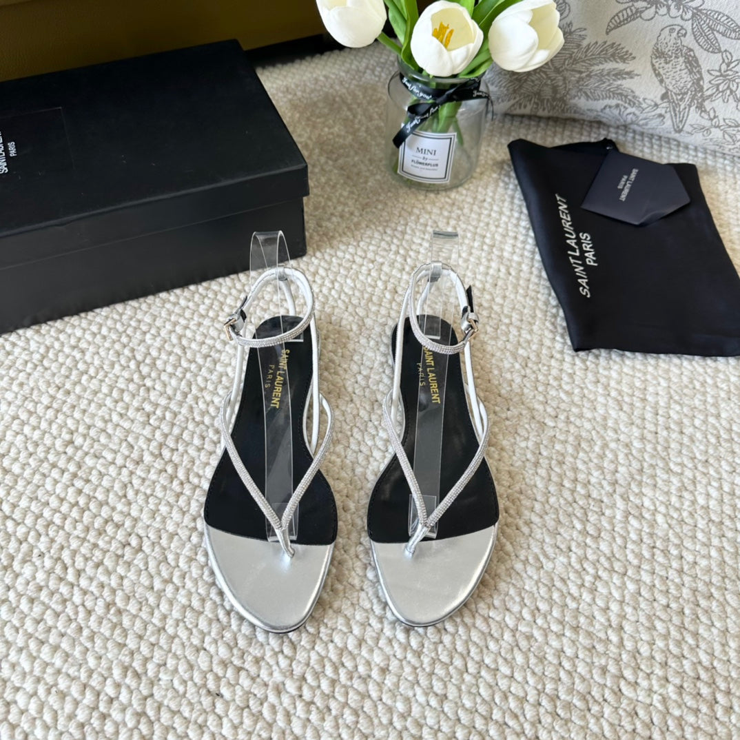 SL CRYSTAL FLAT SANDALS SILVER CALFSKIN - 35