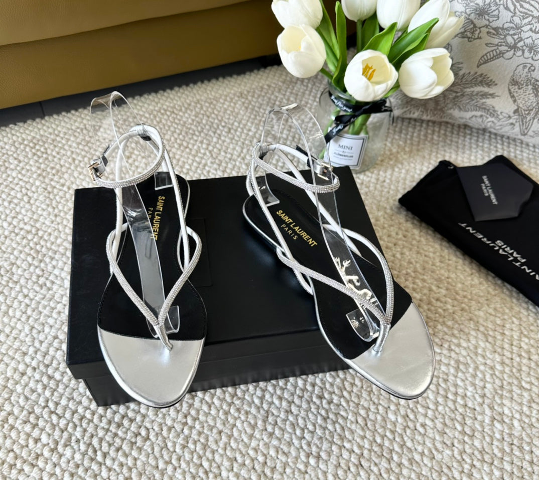 SL CRYSTAL FLAT SANDALS SILVER CALFSKIN - 35