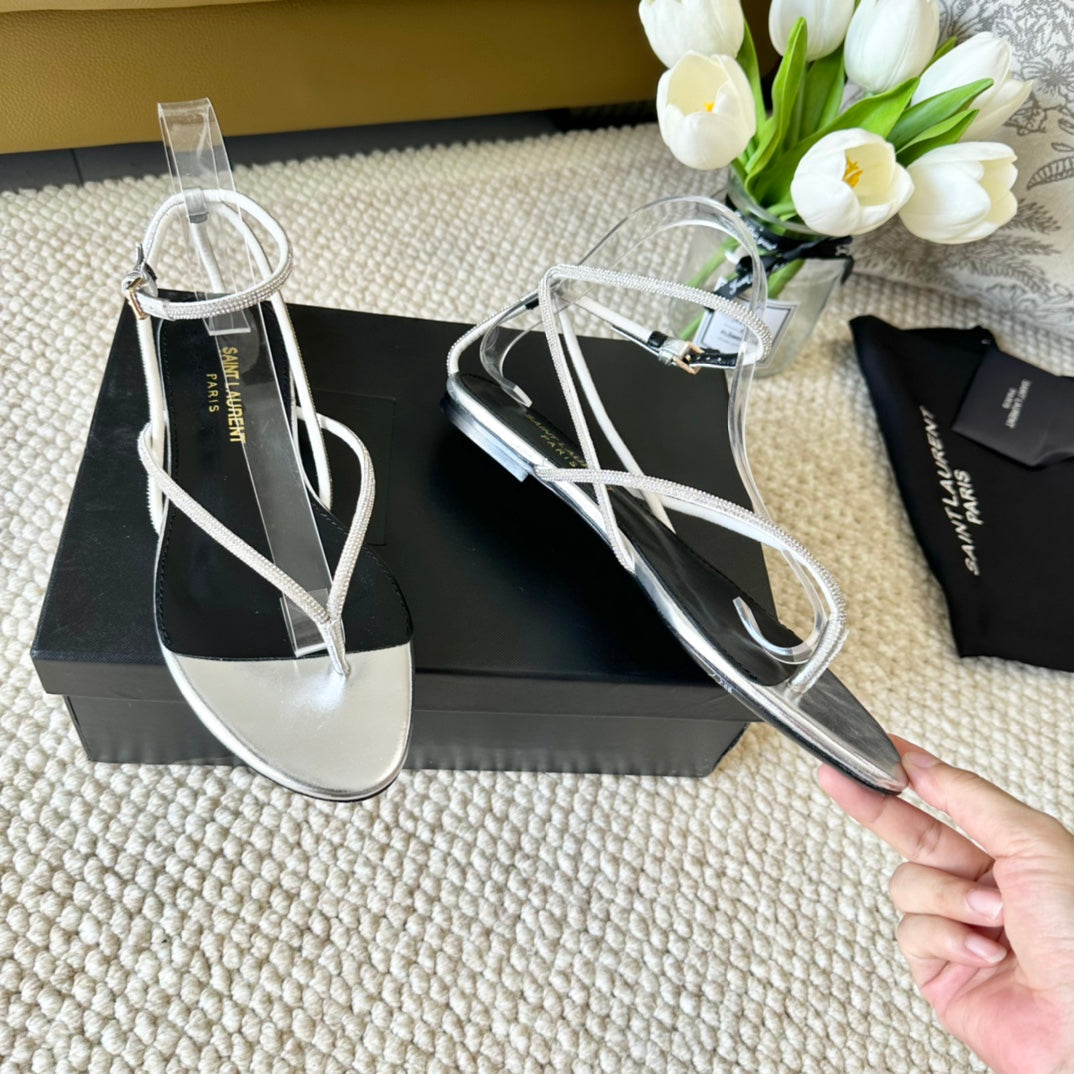 SL CRYSTAL FLAT SANDALS SILVER CALFSKIN - 35