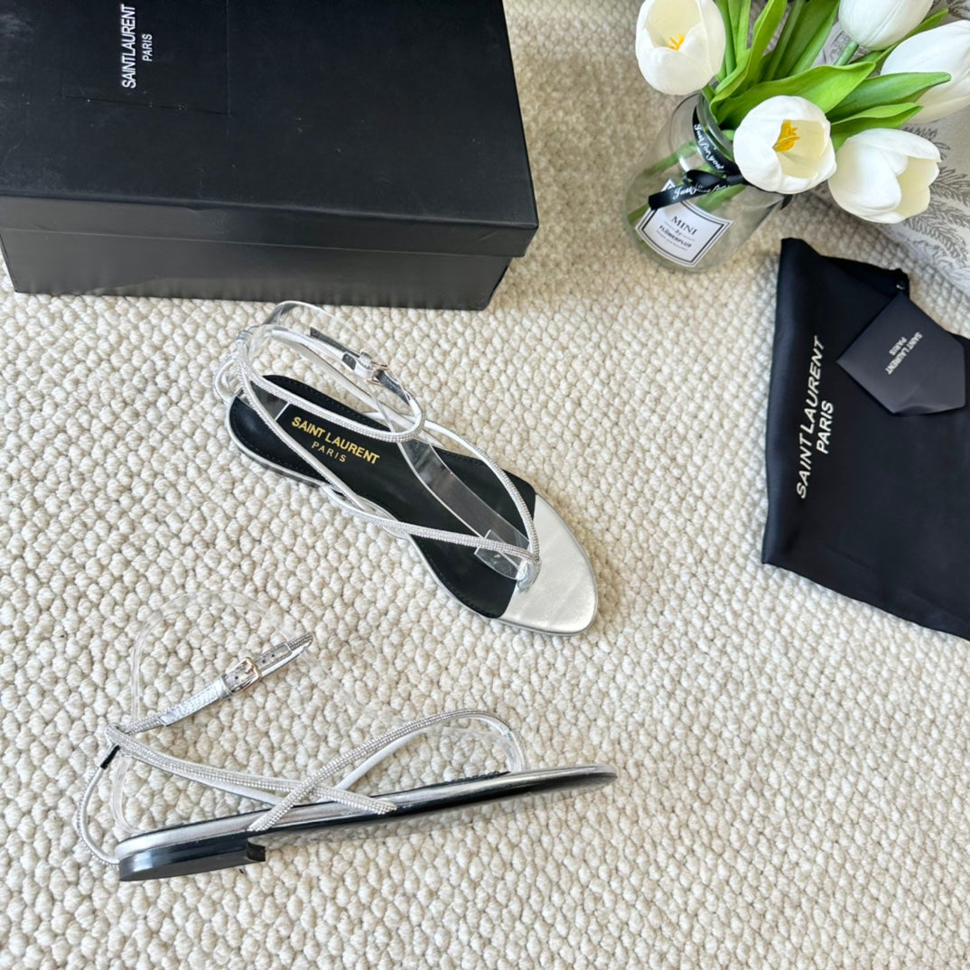 SL CRYSTAL FLAT SANDALS SILVER CALFSKIN - 35