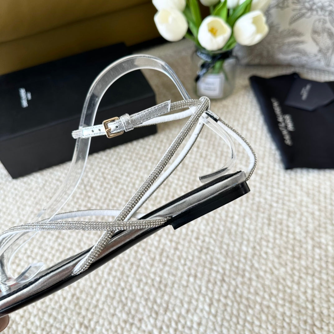 SL CRYSTAL FLAT SANDALS SILVER CALFSKIN - 35