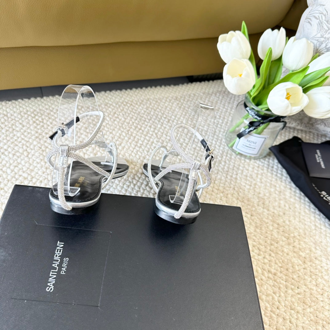 SL CRYSTAL FLAT SANDALS SILVER CALFSKIN - 35