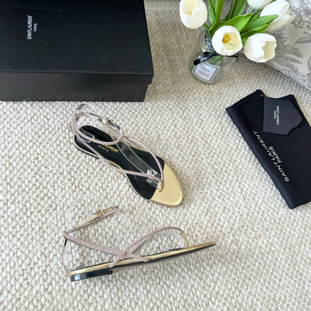 SL CRYSTAL FLAT SANDALS METALLIC GOLD CALFSKIN - 35