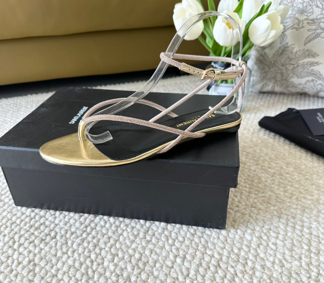 SL CRYSTAL FLAT SANDALS METALLIC GOLD CALFSKIN - 35