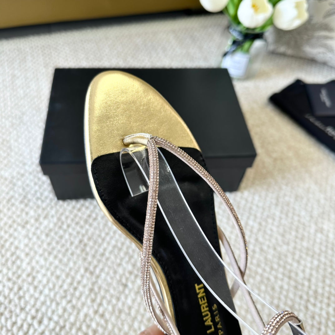 SL CRYSTAL FLAT SANDALS METALLIC GOLD CALFSKIN - 35