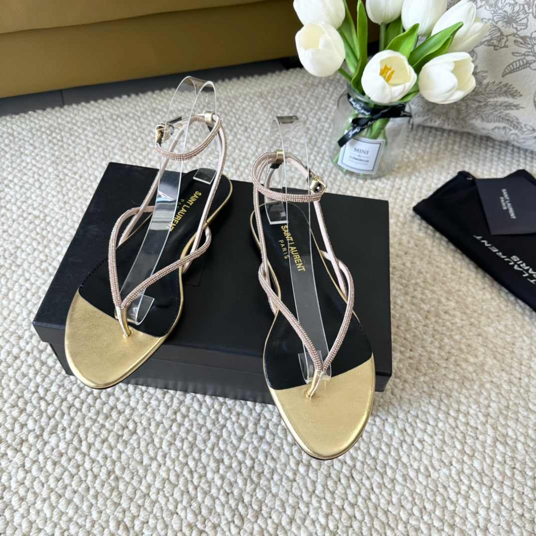 SL CRYSTAL FLAT SANDALS METALLIC GOLD CALFSKIN - 35