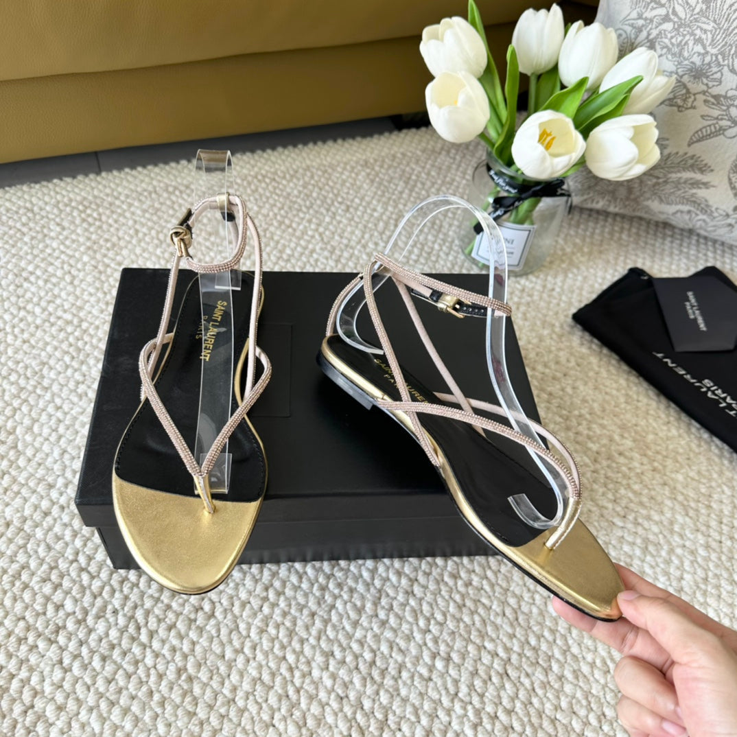 SL CRYSTAL FLAT SANDALS METALLIC GOLD CALFSKIN - 35