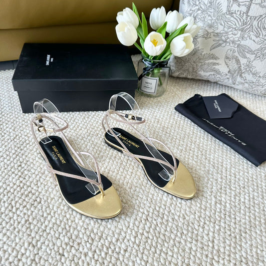 SL CRYSTAL FLAT SANDALS METALLIC GOLD CALFSKIN - 35