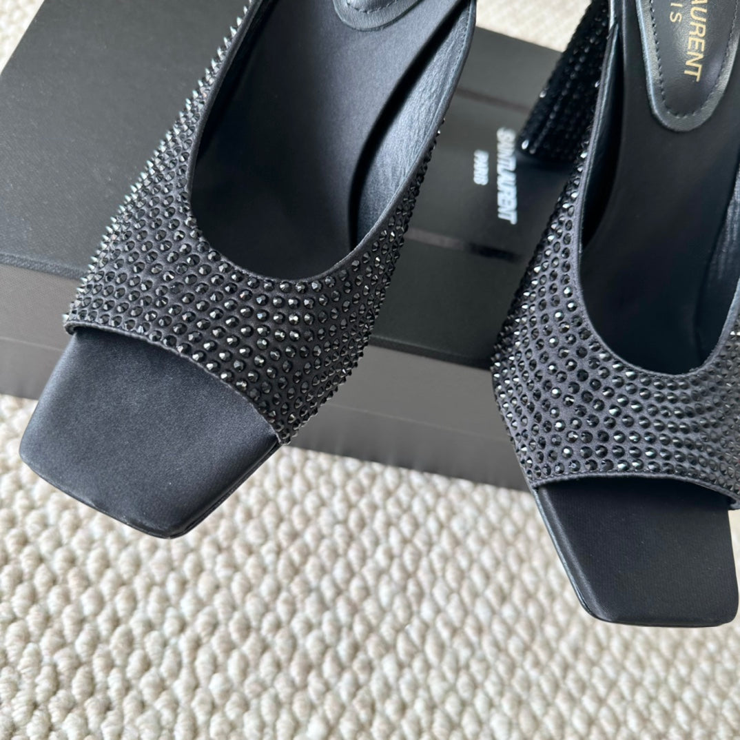 SL SEPT MULES BLACK SATIN AND RHINESTONES - 35