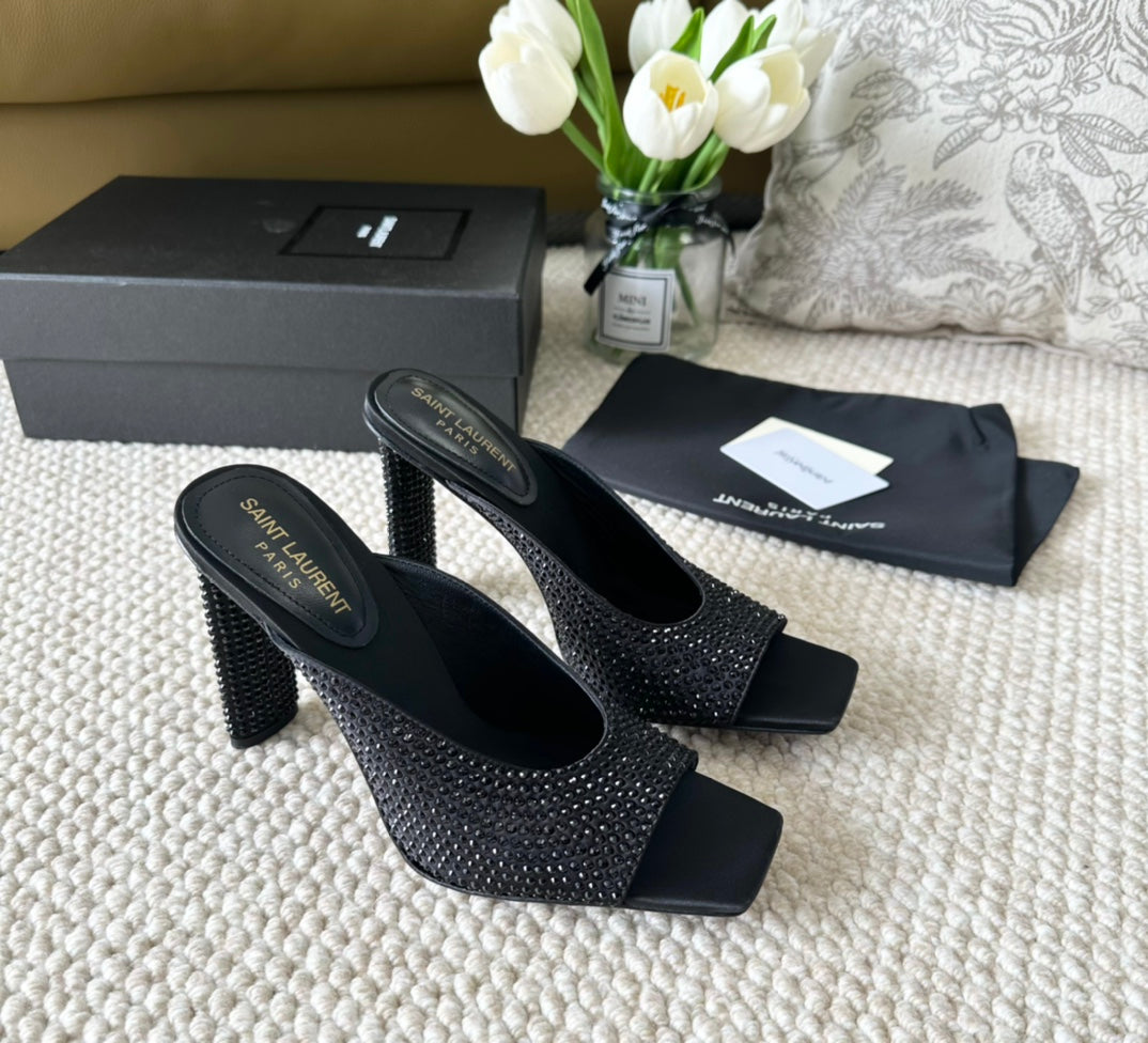 SL SEPT MULES BLACK SATIN AND RHINESTONES - 35