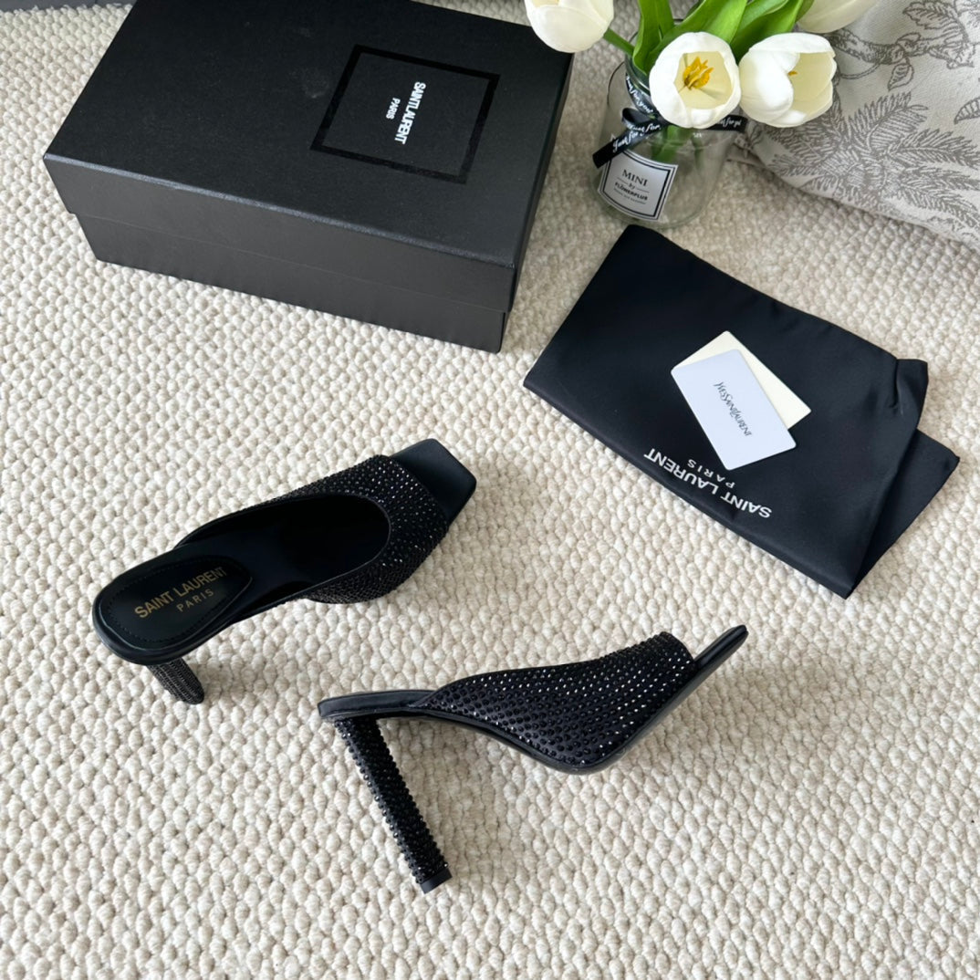 SL SEPT MULES BLACK SATIN AND RHINESTONES - 35