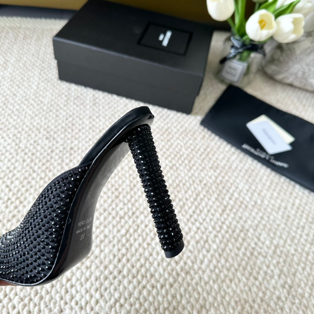 SL SEPT MULES BLACK SATIN AND RHINESTONES - 35