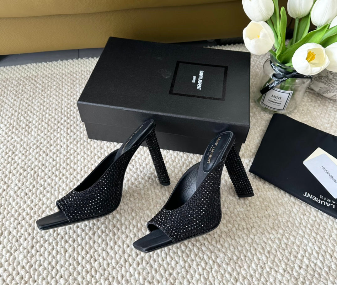 SL SEPT MULES BLACK SATIN AND RHINESTONES - 35